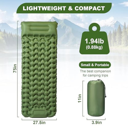 Sleeping Pad for Camping - Ultralight (1.9lbs) Inflatable Camping Mattress with Built-in Pillow & Foot Pump, 4" Thick Compact Air Pad for Backpacking, Hiking, Traveling, One-Second Deflation - color: Army Green