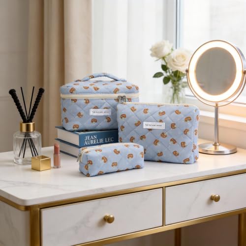 3PCS Coquette Makeup Bag,Quilted Cosmetic Bag Large Make Up Bag Set,Quilted Portable Toiletry Organizer Bag,Cotton Travel Skincare Bag for Women Girls(06-Cute Bear) - style: 06-cute Bear