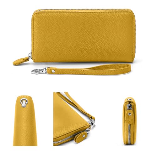 Moflycom Womens Wallet RFID Blocking Genuine Leather Zip Around Wallet Clutch Wristlet Travel Long Purse for Women - color: Yellow