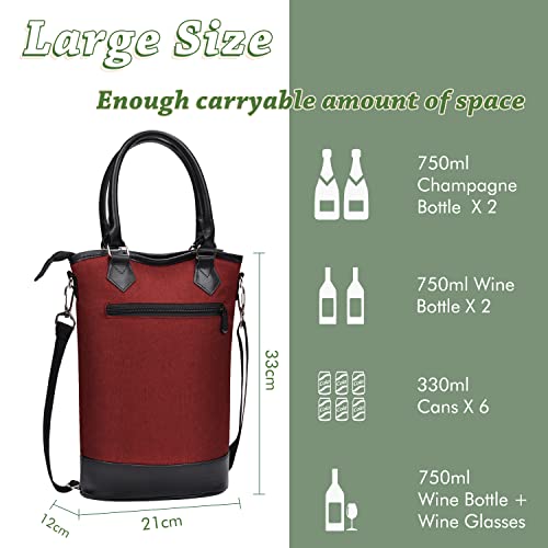 Tirrinia Insulated Wine Gift carrier Tote - Travel Padded 2 Bottle Wine/Champagne Cooler Bag with Handle and Adjustable Shoulder Strap, Great Wine Lover Gift, Red - color: Red