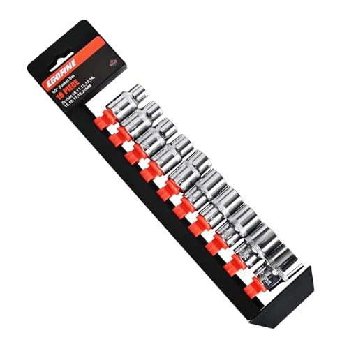 Egofine 10PCS 1/2” Drive Standard Socket Set,Shallow and Metric Socket Set（10mm-21mm,6 Point,With Hanging Bracket,Cr-V Steel - size: 1/2, style: 10PC Standard Socket Set