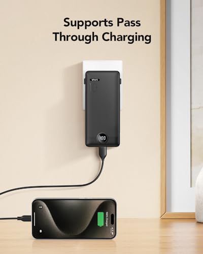 Portable Charger,Power Bank Built-in Cables and AC Wall Plug,VRURC USB C Portable Bank 10000mAh,Travel Essentials Phone Charger Compact Lightweight External Battery Pack for Smart Phones,Tablets-Black - color: Black