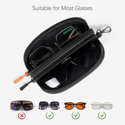 Double Eyeglasses Case Soft Portable Zipper Sunglasses Pouch with Keychain Clip for Men Women - color: Black - Pack of 2