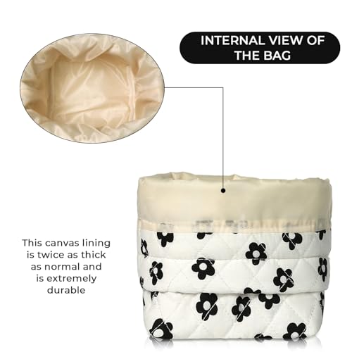 Gosect Makeup Bag, Quilted Cosmetic Bag Set, Drawstring Makeup Bag with Canvas Lining, Large Floral Toiletry Bag for Women Girls, Cute Cotton Flower Travel Organizer Bag (Black Flower - color: Black Pattern