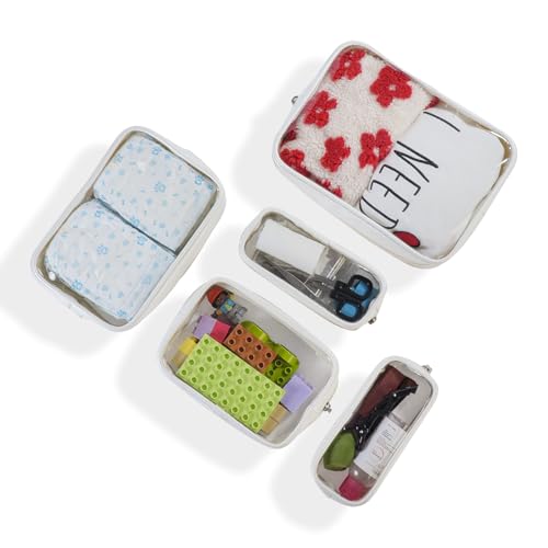 Remobia Hicol TSA Approved 5-Piece Diaper Bag Organizer Pouch Set Clear Waterproof TPU Kids Toiletry Storage Set Travel Packing Clutch Cube Bags for Baby Nursing(Pearl White Leather) - color: Pearl White Leather
