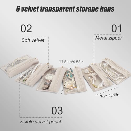 DesignSter Small Jewelry Box, Travel Small Jewelry Organizer with Earring Tray and Ring Holder, Square Travel Jewelry Storage Case with 6 Velvet Jewelry Pouches, Beige - color: Beige