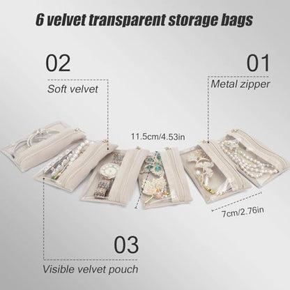 DesignSter Small Jewelry Box, Travel Small Jewelry Organizer with Earring Tray and Ring Holder, Square Travel Jewelry Storage Case with 6 Velvet Jewelry Pouches, Beige - color: Beige