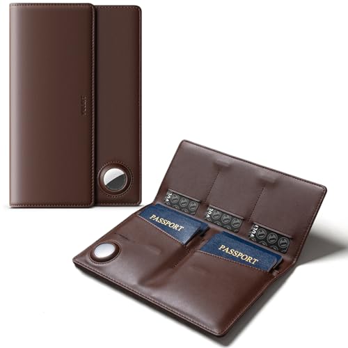 VULKIT Family Passport Holder for 4 Leather Passport Wallet with Airtag Slot Multiple Passport Holder RFID Blocking Bifold Travel Documents Organizer - color: Espresso