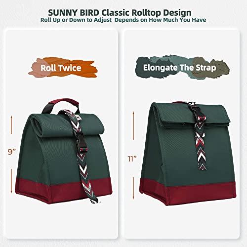 SUNNY BIRD Insulated Lunch Bag Rolltop Lunch Box Tote Bag for Women, Men, Adults and Teens (Green with Boho strap) - color: Green with Boho strap