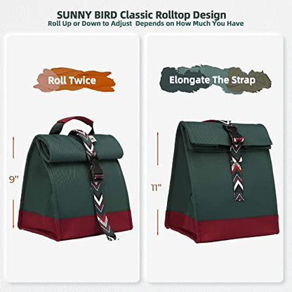 SUNNY BIRD Insulated Lunch Bag Rolltop Lunch Box Tote Bag for Women, Men, Adults and Teens (Green with Boho strap) - color: Green with Boho strap