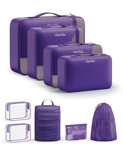 9 Set Packing Cubes for Travel, Gifts for Women Mom,Anti-Tearing Suitcase Organizer,OlarHike Vacation Essentials & Accessories for Cruise Ship - color: 10 Purple