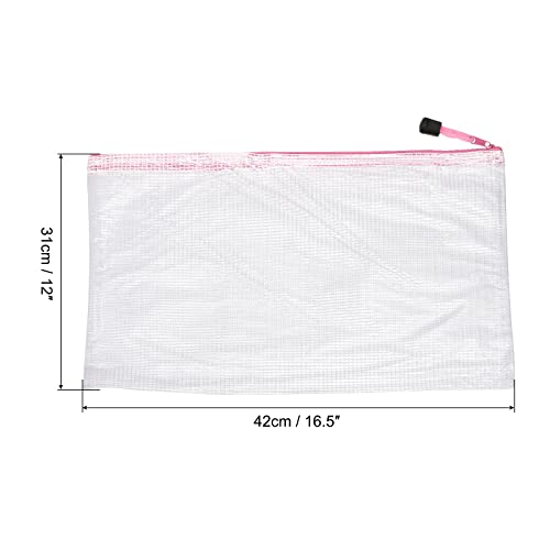 MECCANIXITY Mesh Zipper Bags, A3 Size Plastic Zip File Pouch Document Folders for Home Office Travel, Pink Pack of 3 - color: Pink