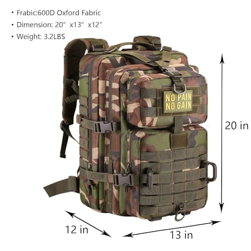 Hannibal Tactical MOLLE Assault Backpack, Tactical Backpack Military Army Camping Rucksack, 3-Day Pack Trip w/Patch, D-Rings, Woodland - color: Woodland