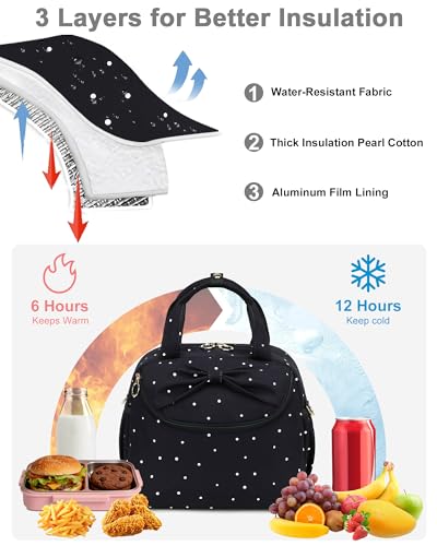 Bluboon Lunch Box for Women, Large Insulated Lunch Bag with Shoulder Strap, Adult Lunch Tote Teacher Nurse, Bow Lunch Cooler Gifts for Work Picnic Travel, Black (Black White Dots) - color: Black White Dots