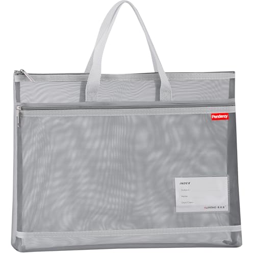 Pendancy Mesh Zipper Pouch A3 Size, Large Double Pocket Lightweight Nylon Transparent File Bag with Handle, 13x17 in Foldable Document Storage for Puzzle Project/Cross Stitch/Travel/Office (Gray) - color: Translucent Gray, style: DIY Label Type A3 Size(13