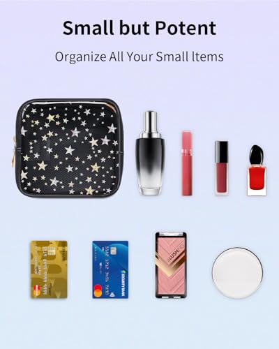 Wandering Nature Clear Makeup Bag for Purse, Mini Make up Bag with Glitter Star Pattern, Cute Cosmetic Pouch for Women with Slip-in Pockets, Travel Toiletry Essentials Vegan Leather Organizer Pouch - color: Black Star