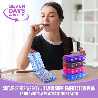 4 Pack Weekly Pill Organizer 2 Times a Day with Label, 14 Compartments Foldable Am Pm 7 Day Week Medicine Box Pocket Portable Daily Travel Pill Case Dispenser for Vitamin Fish Oil Supplement - color: Blue, Pink, Purple, Gray