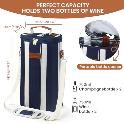 BLUBYEES 2-Bottle Insulated Wine Carrier Tote - Leakproof Padded 900D Oxford Wine Cooler Bag for Travel, Picnics, Beach & Parties - Ideal Wine Gift for Wine Lovers - color: Prussian Blue