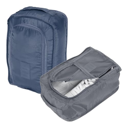 Foldable Travel Shoe Bag, Waterproof Shoe Pouches Organizer with Handle Travel Packing Cubes -Fitting for Storing (Sneakers/Sandals/Fitness Shoes) 2 Pcs & Gray/Navy Blue - color: Gray/Navy Blue