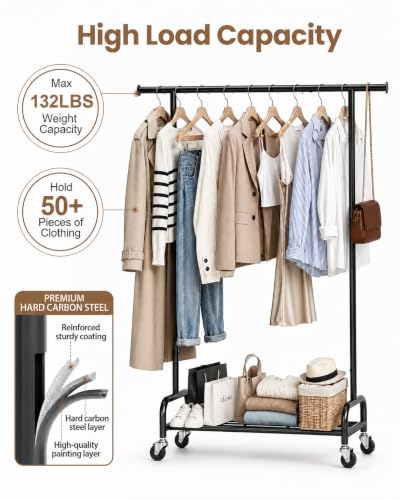 APEXCHASER Rolling Clothes Rack - Metal Garment Rack with Mesh Base | Heavy duty clothing rack with wheels, portable hanging clothes rack for bedroom, laundry room