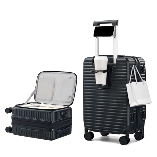 HanTrip 20 Inch Carry on Luggage 22x14x9 Airline Approved Hard Shell Suitcases with Wheels, Top Opening Expandable Carry on Luggage with Cup Holder Small Rolling Suitcase with Lock, Black - color: Black, size: Expandable 20 Inch