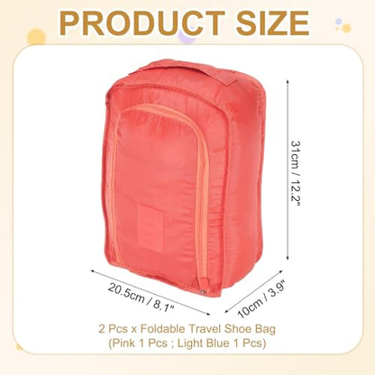 Foldable Travel Shoe Bag, Waterproof Shoe Pouches Organizer with Handle Travel Packing Cubes -Fitting for Storing (Sneakers/Sandals/Fitness Shoes) 2 Pcs & Pink/Light Blue - color: Pink/Light Blue