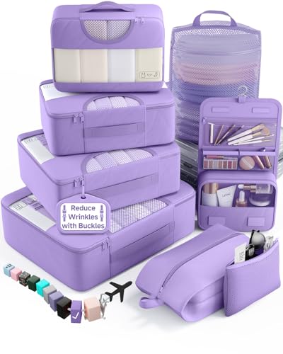 Veken 8 Set Packing Cubes for Travel Essentials,Anti-Wrinkle Buckled Suitcase Organizer for Shoe & Toiletry Bag,Carry On Luggage Bag for Airplane & College Dorm Room Accessories,Women Men Gifts - color: 06 Attractive Purple