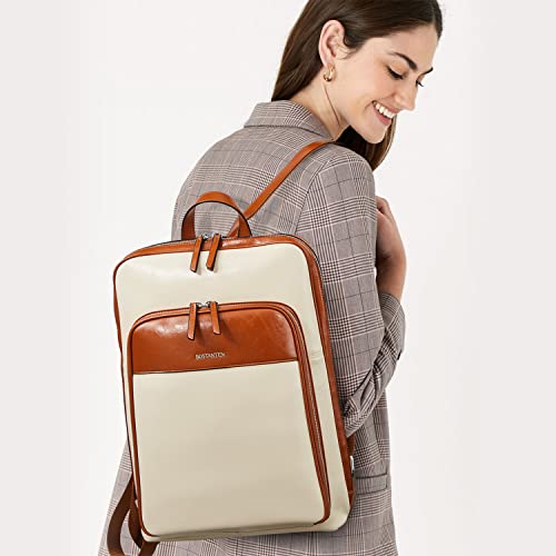 BOSTANTEN Leather Laptop Backpack for Women 15.6 inch Computer Bag Travel Work Daypack - color: 1-beige&brown