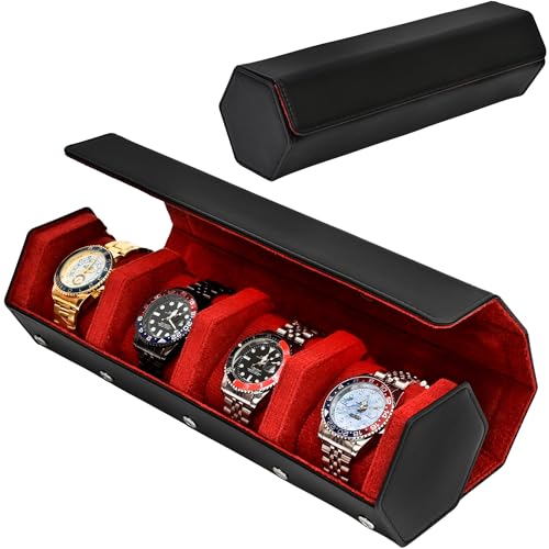 Leather Watch Roll for 4 Watches - Velvet-Lined Travel Case, Luxury Watch Rolls Organizer with Storage & Display for Men (4 Slot-Black/Red) - color: 4 Slot-Black/Red