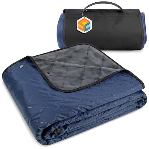 SUN CUBE Large Waterproof Camping Blanket, Fleece Quilted Stadium Blanket for Cold Weather, Windproof Foldable Outdoor Blanket Mat for Picnic, Beach, Pets, Car, 60x80in - color: Navy Blue/Grey Fleece