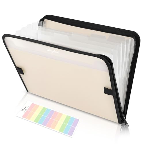 SKYDUE Accordion File Organizer, 7 Pocket Expanding File Folder with Front Pocket, Letter Size, Important Document Organizer with Double Zipper,Travel Folder, School Office Supplies - color: Beige