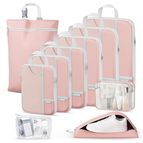 Percover Compression Packing Cubes for Travel, 10-Piece Structured Compression Organizer Set with Toiletry Bag, Laundry Bag & Shoe Bag for Carry-On & Checked Luggage, Pink - color: Pink, size: 10 Set