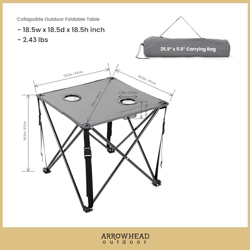 ARROWHEAD OUTDOOR 26” (66cm) Portable Camping Folding Table, 2 Cup Holders, Square, Carrying Case, Steel Frame, High-Grade 600D Canvas - color: Gray 2pack