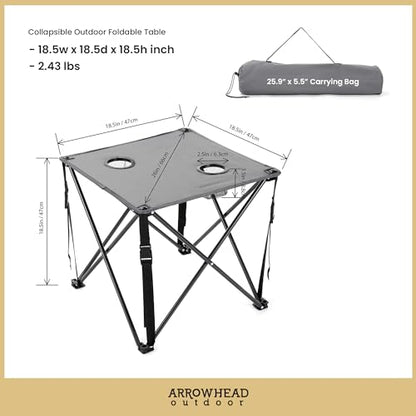 ARROWHEAD OUTDOOR 26” (66cm) Portable Camping Folding Table, 2 Cup Holders, Square, Carrying Case, Steel Frame, High-Grade 600D Canvas - color: Grey