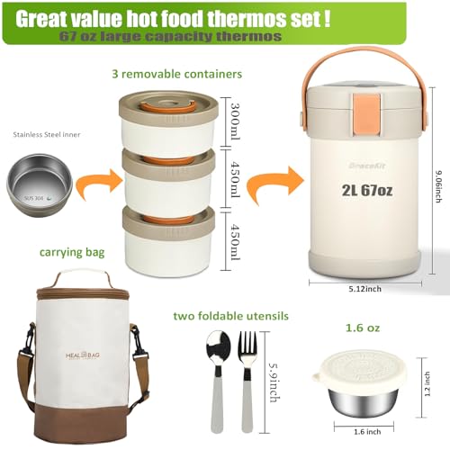 67oz/2L Thermo for Hot Food, 304 Stainless Vacuum Insulated Soup Thermo, Leakproof Thermal Lunch Box with 3 Stackable Bento Boxes & Leakproof Sauce Cups for Adults Office Travel Camping - White - color: Beige(simple version）