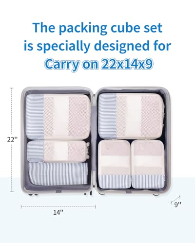 Narwey 6 Set Compression Packing Cubes for Travel Women Men, Travel Cubes for Carry On Suitcase, Durable Compression Luggage Organizer Bags - color: ZY-Greyish Blue Stripe