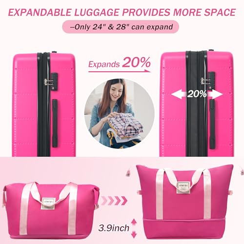 Merax Luggage Sets 5 Piece, Hardside 20" Half-opening Carry On Suitcase Set with USB Port,Lightweight Travel 24" 28" Luggage with Bags TSA Locks Double Spinner Wheels,Pink - color: Pink, size: 3 piece(20front open+24+28+bags)