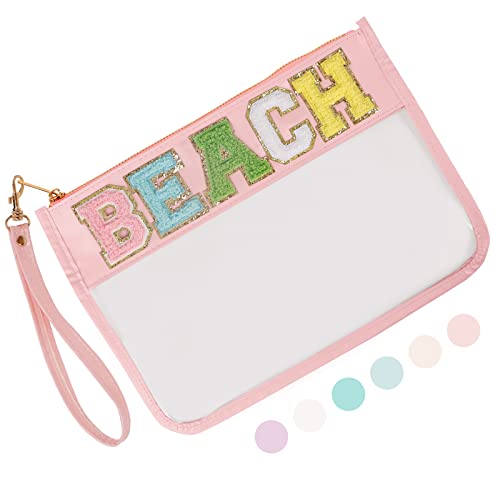 Iqimott Chenille Letter Clear Bag Beach Pouch, Monogram PVC & PU Makeup Cosmetic Bag Zipper Toiletry Pouch, Waterproof Portable Travel Snack Wristlet Bags for Women Girls(Beach, Pink) - color: Beach-Pink