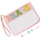 Iqimott Chenille Letter Clear Bag Beach Pouch, Monogram PVC & PU Makeup Cosmetic Bag Zipper Toiletry Pouch, Waterproof Portable Travel Snack Wristlet Bags for Women Girls(Beach, Pink) - color: Beach-Pink