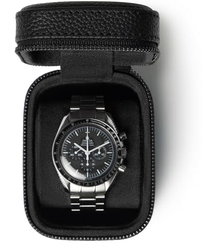 TAWBURY Single Watch Travel Case - Genuine Top-Grain Leather Watch Box for Men & Women with Metal Zipper and Extra Wide Pillow for Large Watches (Black) - color: Black