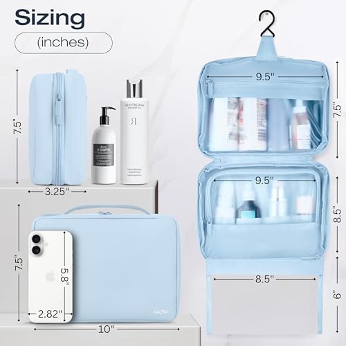 KAZAY Hanging Toiletry Bag with TSA Approved Detachable Pouch, Compact Travel Size Bag, Travel Toiletry Bag, Water Resistant, Premium Nylon, Travel Size Toiletries, Cosmetic Makeup Bag (Light Blue) - color: Light Blue