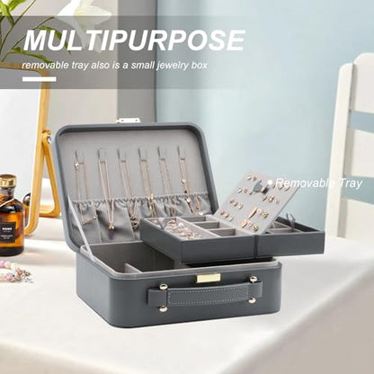 Travel Jewelry Case Large Jewelry Box Jewelry Travel Organizer Jewelry Case with Handle Removable Tray Best Gift for Women Girls (Grey) - color: Grey