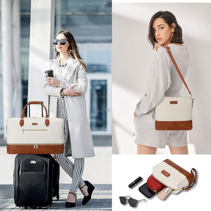 ITIEZY Weekender Overnight Bag for Women - Large Travel Duffel Bag with Shoe Compartment, Gym Duffel Bag Hospital Bag Carry On Tote Bags for Airplanes with Crossbody Bag Toiletry Bag 3Pcs Set - color: 2-Beige