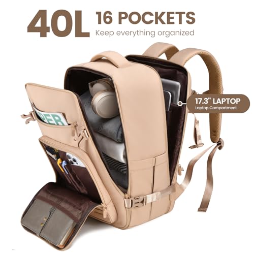 LOVEVOOK Travel Backpack For Women,40L Carry On Backpack Flight Approved,TSA Personal Item Travel Bag Fits 17 Inch Laptop,Business Weekender Overnight Daypack with Toiletry Bag and Cubes - color: Light Khaki, size: 17.3 Inch-40L-4Pcs