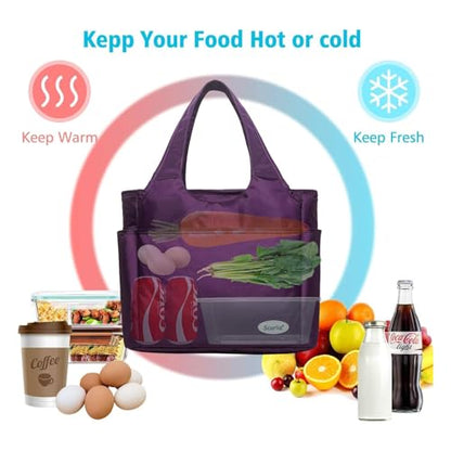 Extra Large Insulated Lunch Tote Bag for Women Men, Leakproof Cooler Lunch Box Shoulder Purse with Side Pockets for Work - Purple - color: Purple