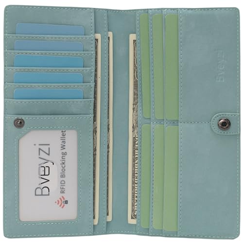 Bveyzi Ultra Slim Thin Leather RFID Blocking Credit Card Holder Bifold Clutch Wallets for Women - color: Purist blue