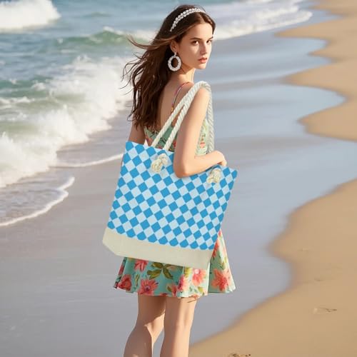Fokongna Tote Bag For Women, Beach Bag Best Friend Travel Birthday Gifts, Travel Parties Vacation Shopping Essentials - color: Blue Diamond Check
