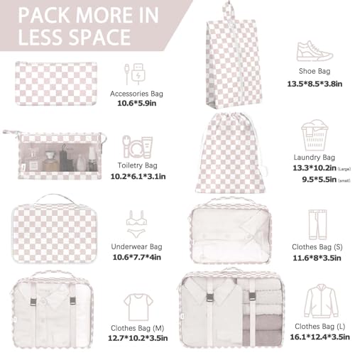 KPX 8 Set Packing Cubes for Travel, Luggage Packing Organizers Accessories Large Toiletries Bag for Clothes Shoes Cosmetics (8Set-Nude Pink Plaid) - color: 8Set-Nude Pink Plaid