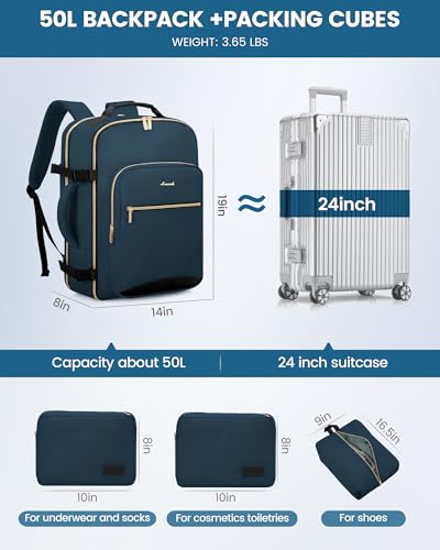 LOVEVOOK 50L Travel Backpack Flight Approved Carry on Backpack,3 Packing Cubes,Waterproof Personal Item Travel Bag,TSA Carry on Luggage Suitcase Travel Essentials,Gifts for Women & Men,fits 18" Laptop - color: Dark Blue Green-black, size: X-Large-50L-4Pcs