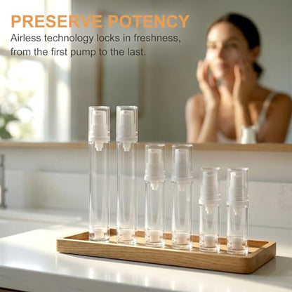 6pcs Airless Travel Pump Bottle, Clear Empty Refillable Vacuum Pump Bottle, 5ml 10ml 15ml Plastic Press Lotion Travel Container for DIY Cosmetic Foundation Toiletries - color: White